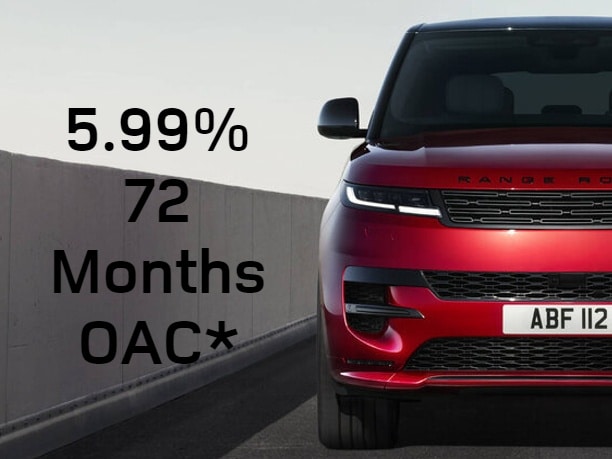 Red Range Rover with financing offer: 5.99% for 72 months OAC, shown against a concrete wall background.