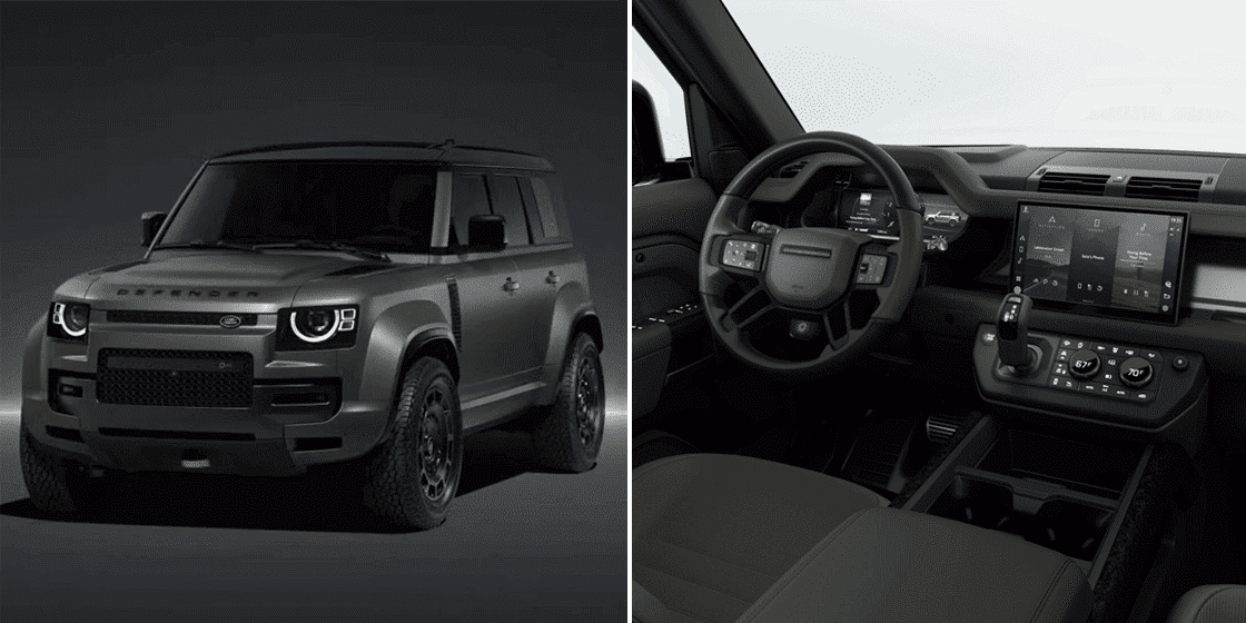 Dark gray SUV exterior and modern interior featuring a touchscreen dashboard and steering wheel controls.