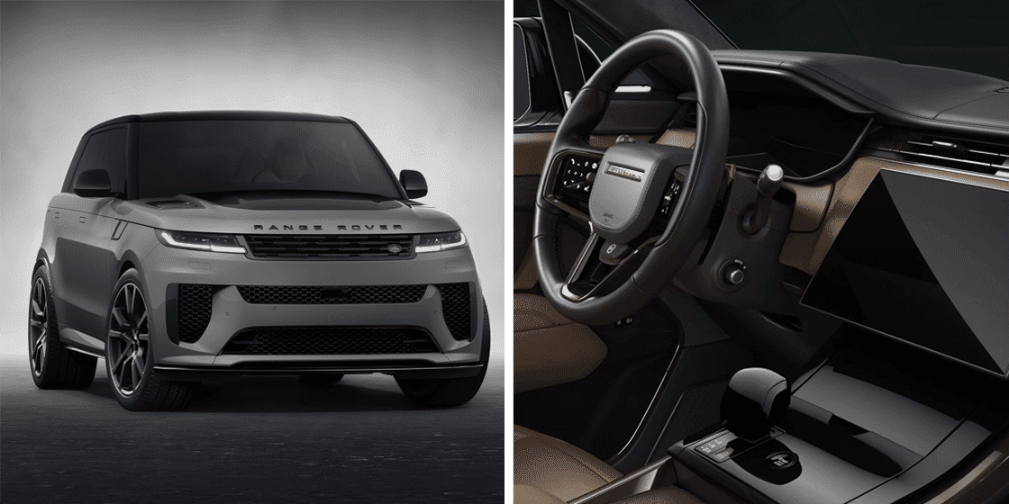 Front view of a Range Rover with a sleek design, and its modern interior featuring a steering wheel and digital display.
